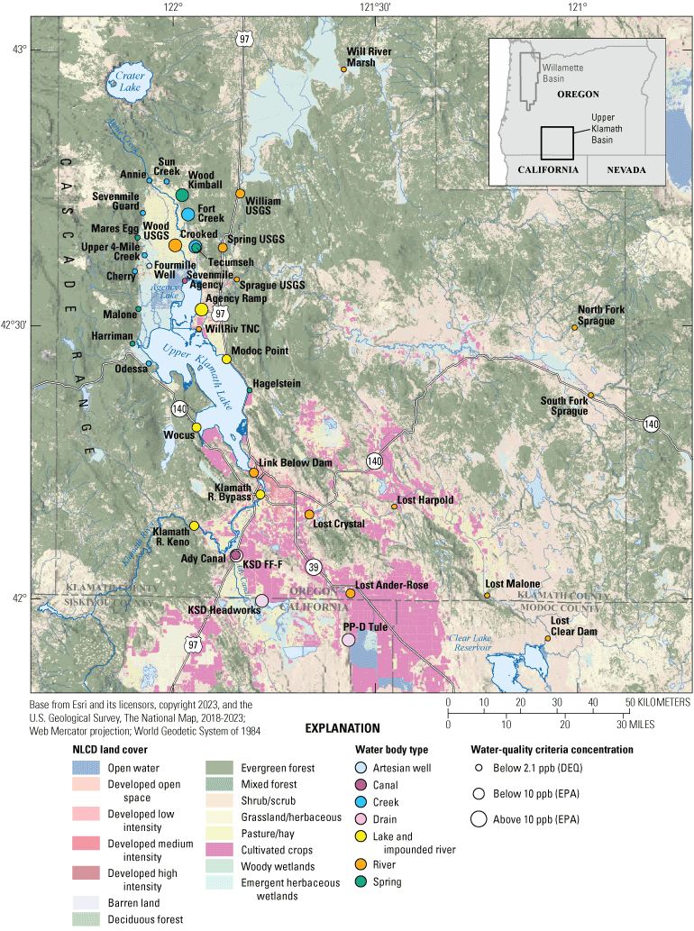 2. Map showing site locations along with land cover and waterbody types. Upper Klamath
                        Lake is surrounded by forests, except to the southeast where there are crops. The
                        highest arsenic concentrations are found to the north and southeast.