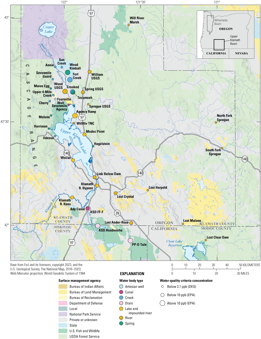 3. Map showing site locations along with land ownership and waterbody types. Federal
                        agencies own most of the land. The highest arsenic concentrations are found to the
                        north and southeast.