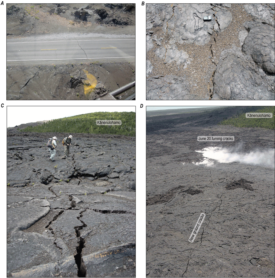 3. New cracks up to several centimeters wide, visualized from different angles and
                     distances, cut the surfaces of lava flows and a road in the area.