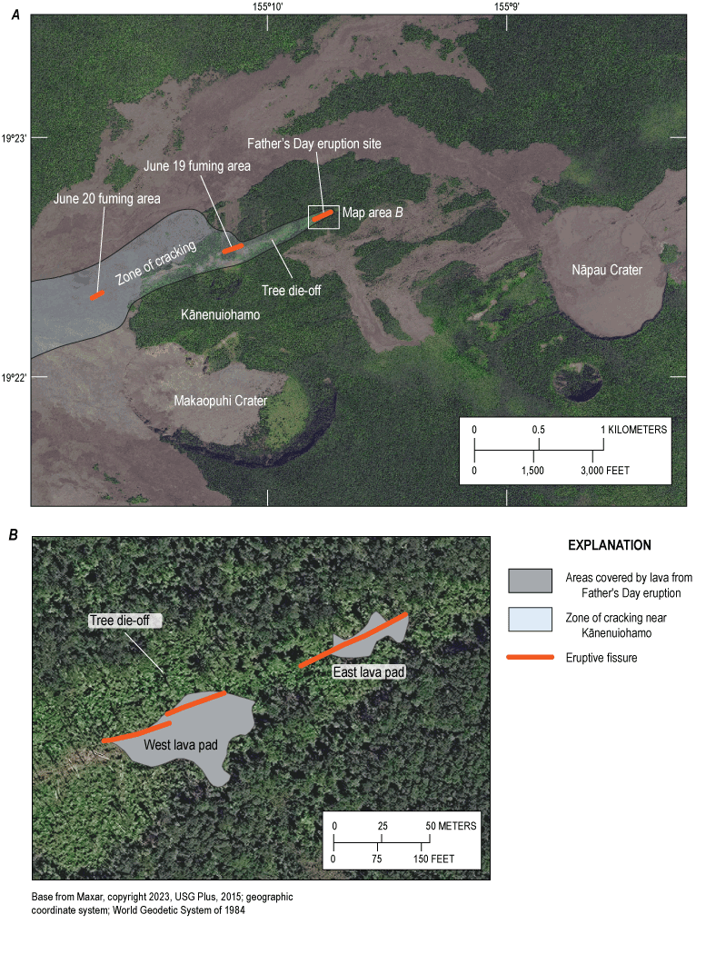 5. Lava erupted from three fissures northeast of Kānenuiohamo, forming two small lava
                     flows.