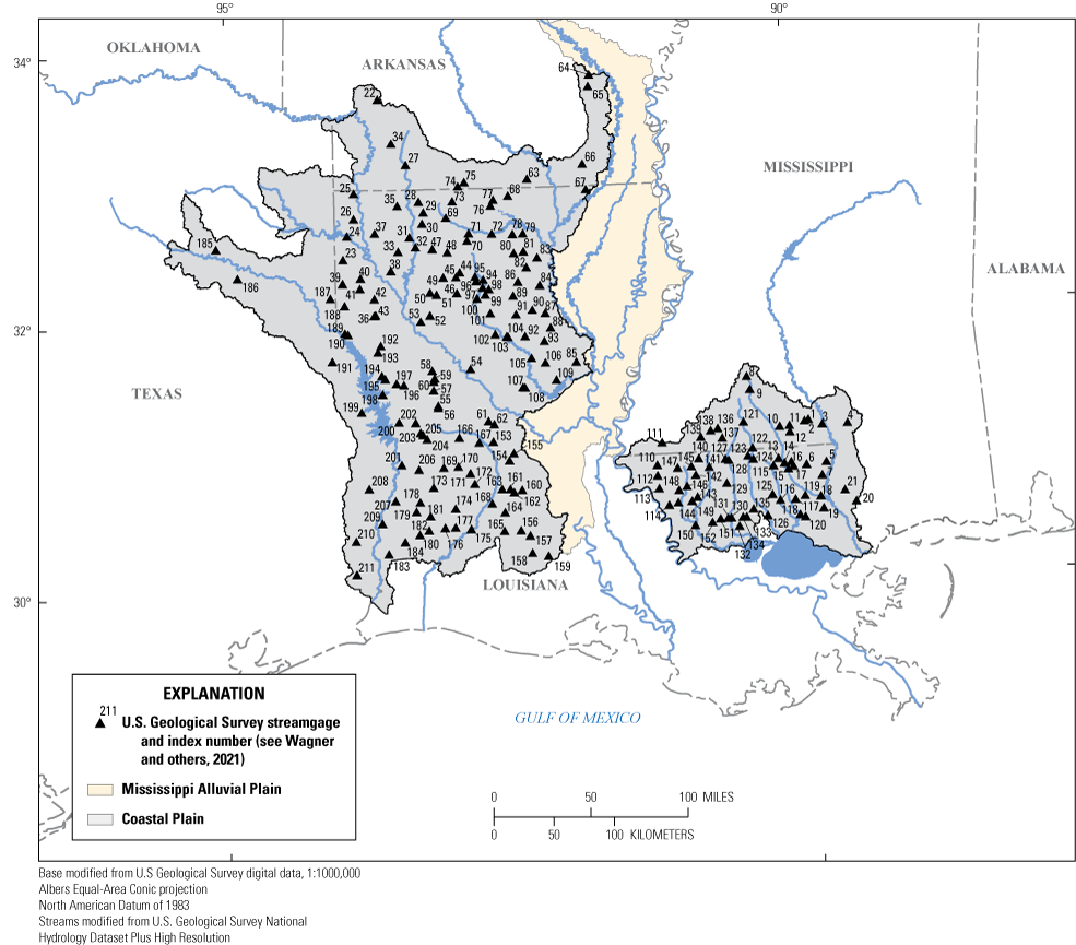 Figure 1. The Coastal Plain region includes most of Louisiana, and hundreds of streamgages
                        are in the region.