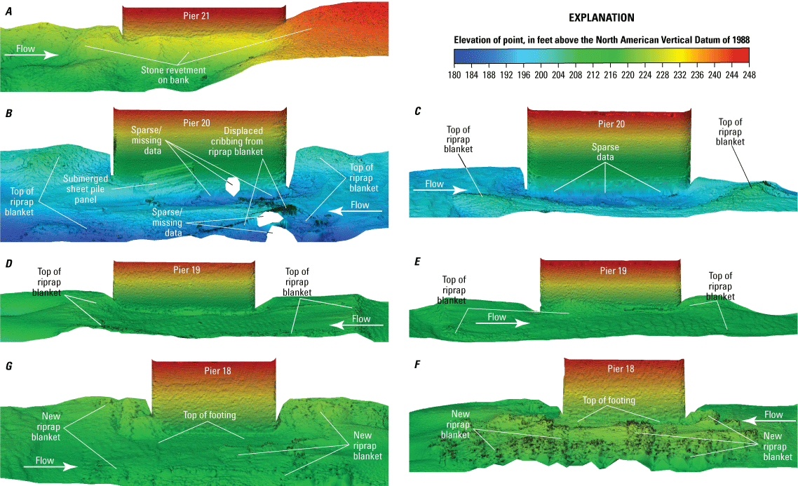 Visualization of channel bottom and sides of left main channel piers at Interstate155
               bridge over the Mississippi River near Caruthersville, Missouri.