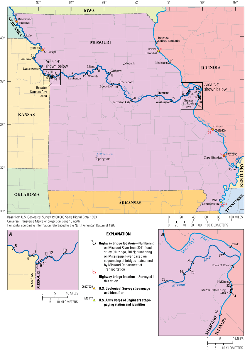 The Missouri and Mississippi Rivers in Missouri with bridge locations marked.