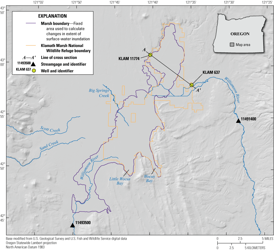 Hillshade base map with polygon outlines of the marsh boundary and Klamath Marsh National
                        Wildlife Refuge boundary.