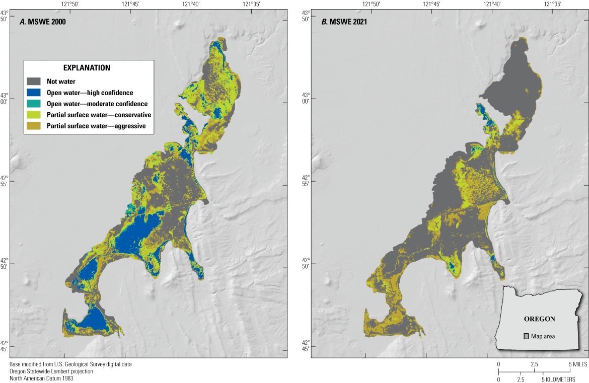 Maximum surface-water extent during 2000 has substantial areas of open water with
                     minimal amounts of open water for 2021 and mostly dry land.