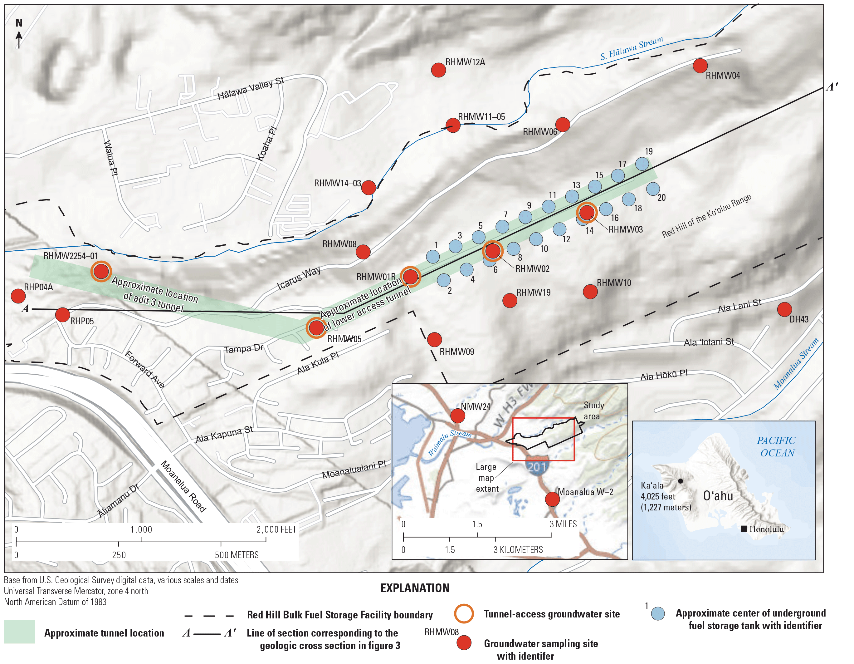 In O‘ahu, the boundary of the Red Hill Bulk Fuel Storage Facility and locations of
                     groundwater sampling sites, tunnel-access groundwater sites, and the approximate center
                     of underground fuel storage tanks are shown.