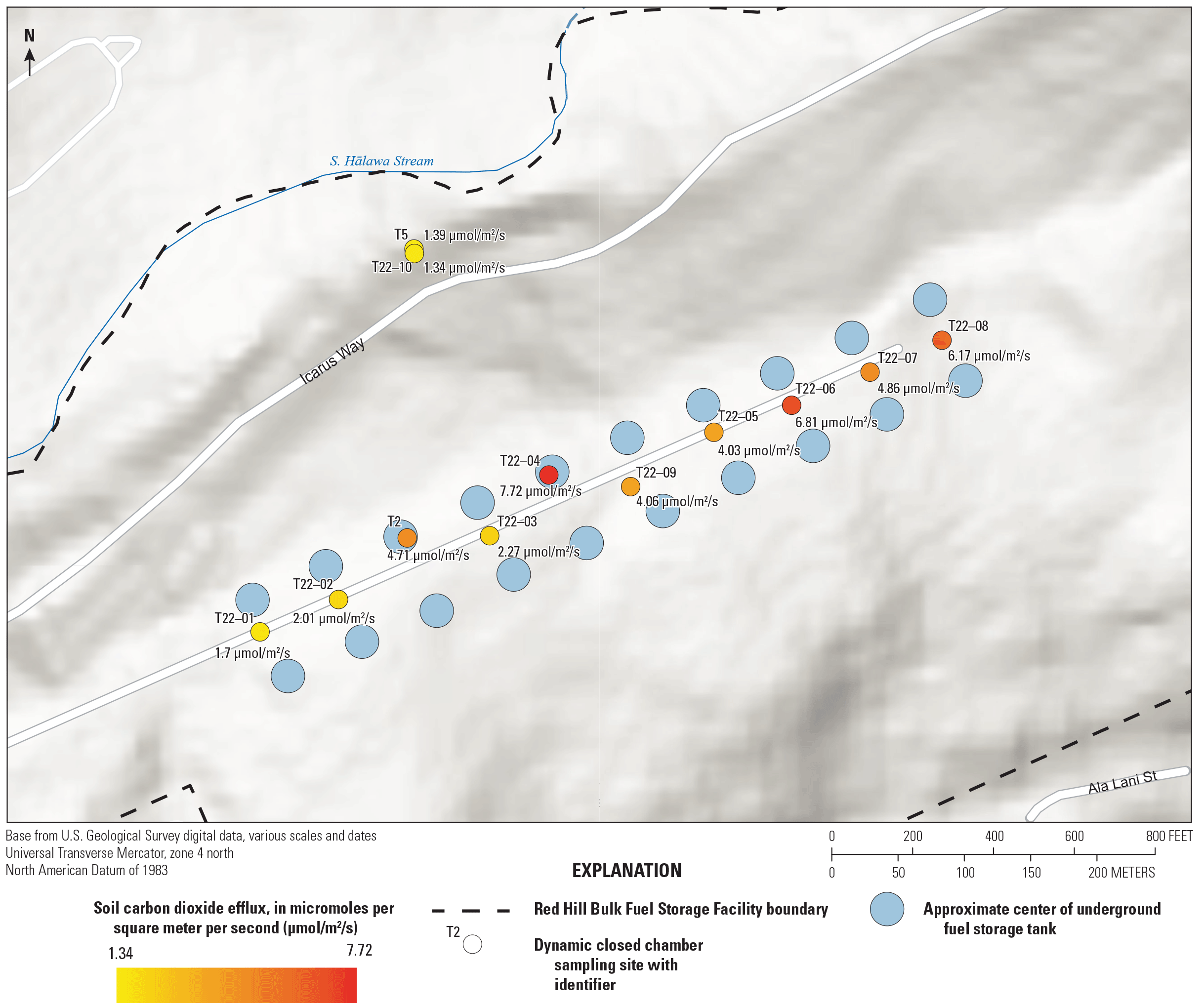 A map of Red Hill with locations and measured values of soil carbon dioxide efflux
                        values at 10 sites above the tanks and two background sites north of the ridge.