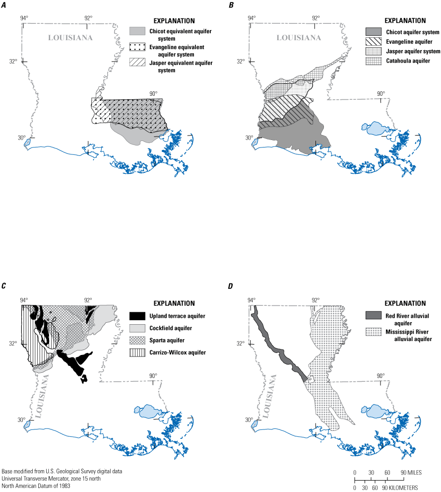 Maps show approximate areal extent of Louisiana’s freshwater aquifers and aquifer
                     systems, by region.