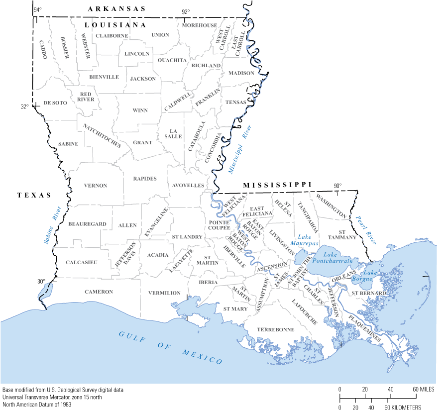 Map of Louisiana showing location and boundaries of parishes.