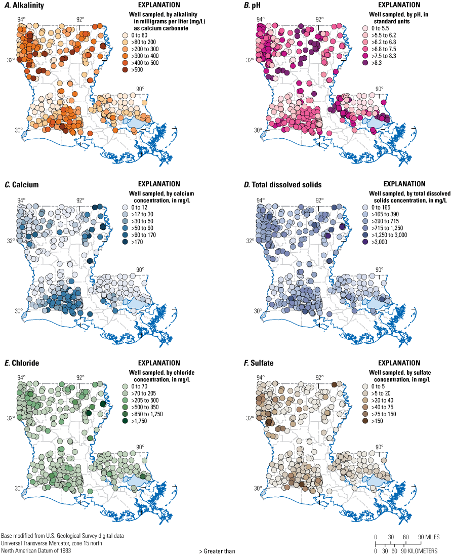 Maps show values of six water-quality parameters used to calculate potential corrosivity
                        of untreated groundwater.