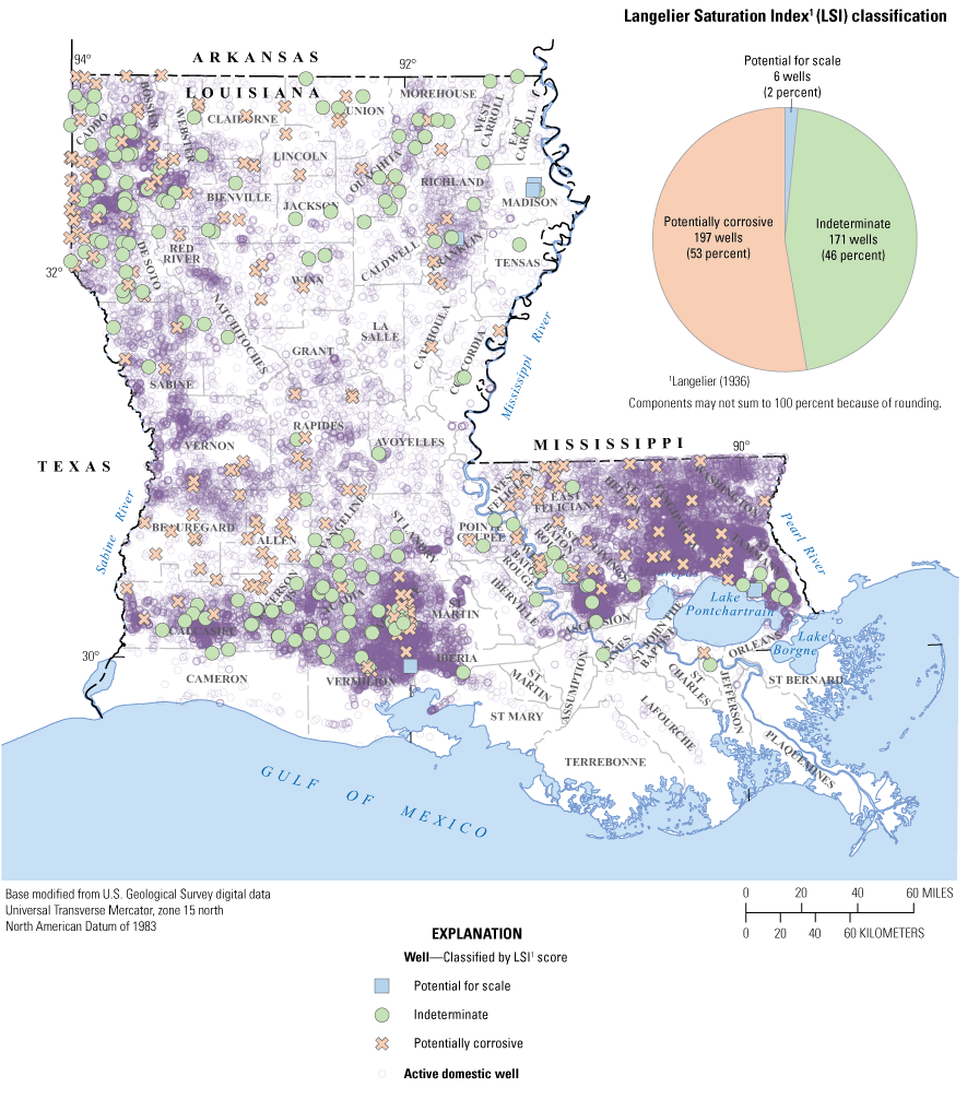 Map and pie graph of Langelier Saturation Index classifications for 374 wells with
                           53% classified as potentially corrosive.