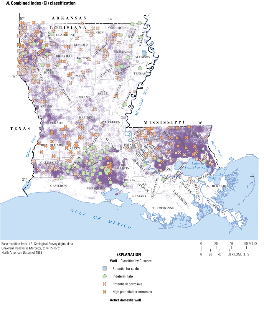 Map and pie graphs for 374 wells with most classified as potentially corrosive or
                           with high potential for corrosion.