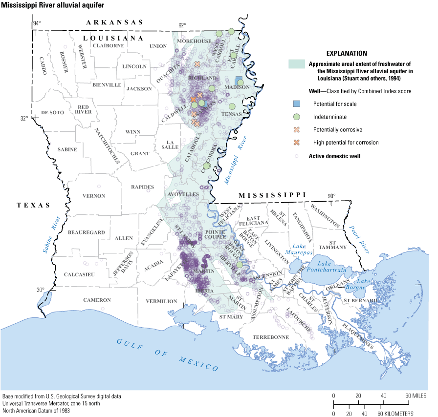 Map showing Combined Index classifications for wells, with greatest number of potentially
                           corrosive wells in Franklin Parish.