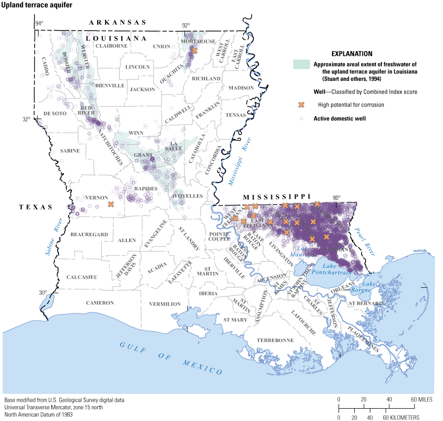 Map shows many wells classified as having high potential for corrosion in East and
                           West Feliciana and St. Helena Parishes.