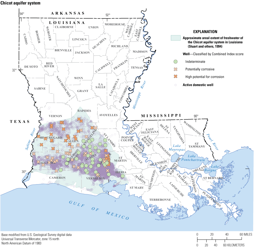 Map of potential corrosivity in wells with most in northwest part of Chicot aquifer
                           system classified as high potential for corrosion.