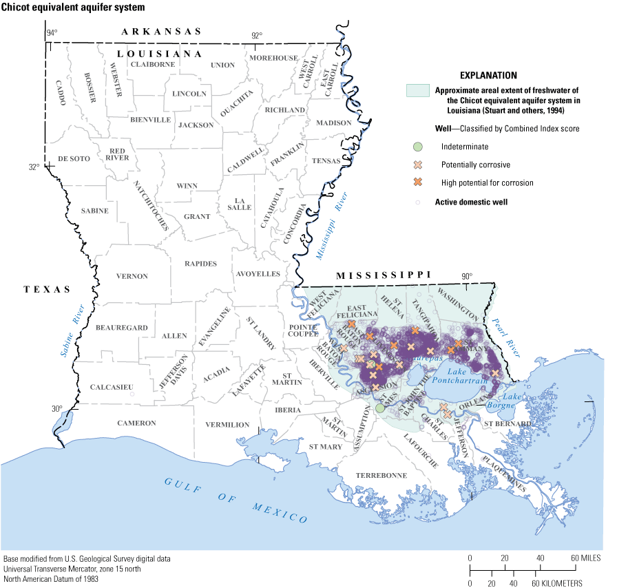 Map shows most high potential and potentially corrosive wells in central part of Chicot
                           equivalent aquifer system.