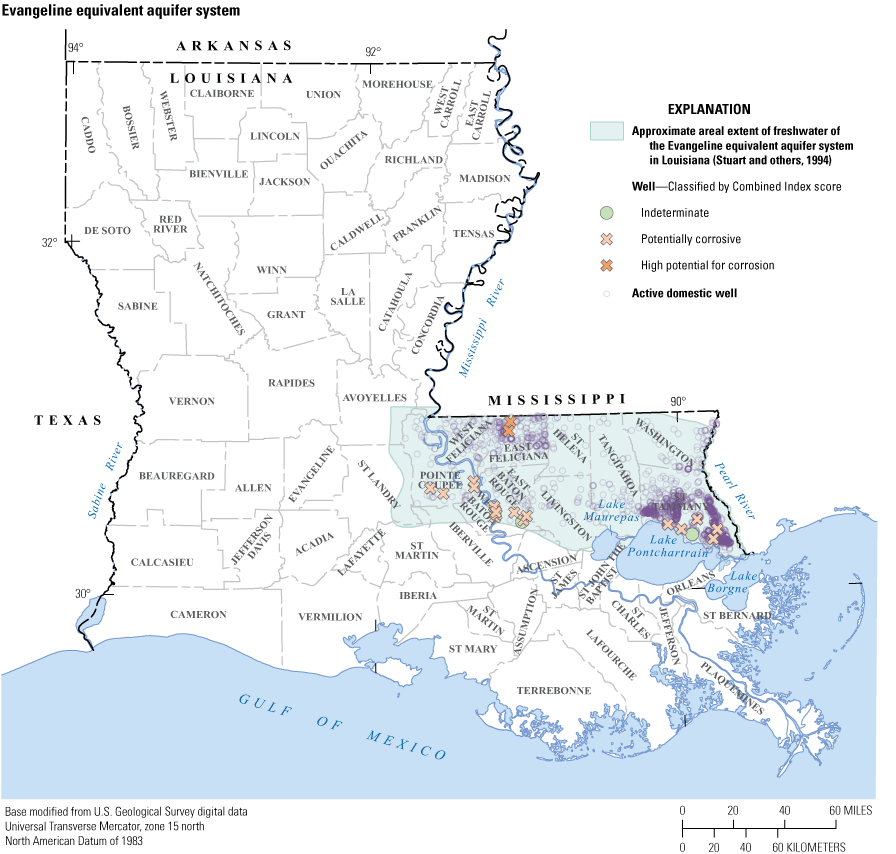 Map shows wells classified as high potential for corrosion located in East Feliciana
                           Parish.