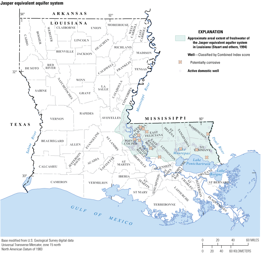 Map shows most potentially corrosive wells in Jasper equivalent aquifer system located
                           in West Feliciana Parish.