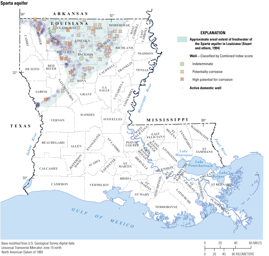 Map shows high potential and potentially corrosive wells fairly evenly distributed
                           throughout Sparta aquifer areal extent.