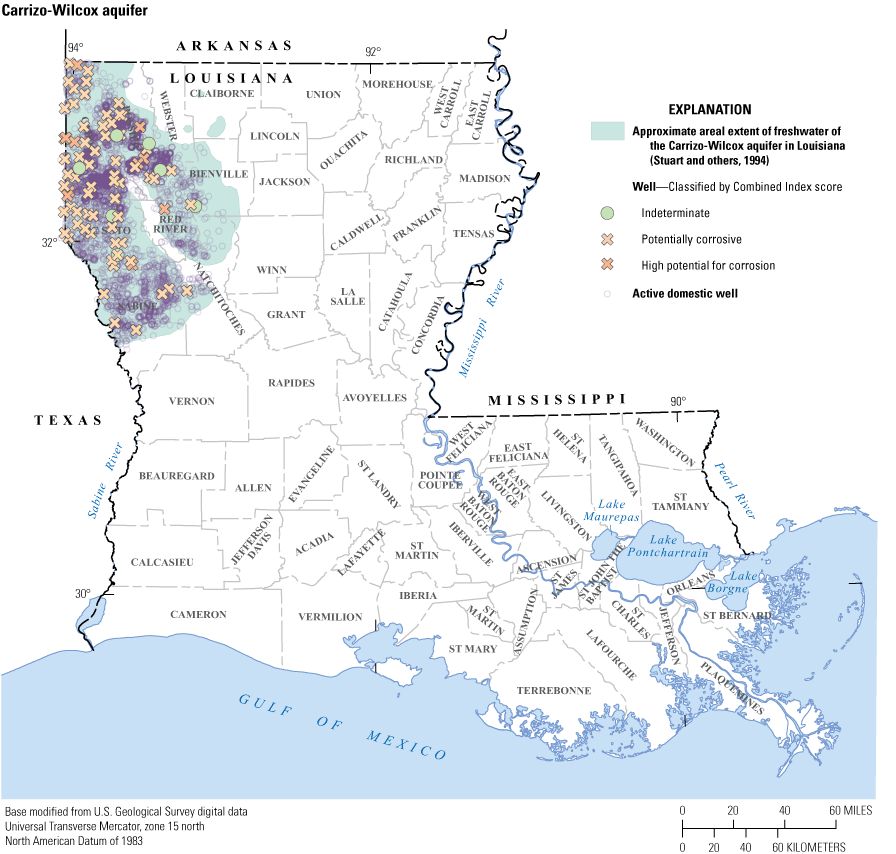 Map shows Carrizo-Wilcox aquifer with most high potential and potentially corrosive
                           wells in Caddo and DeSoto Parishes.