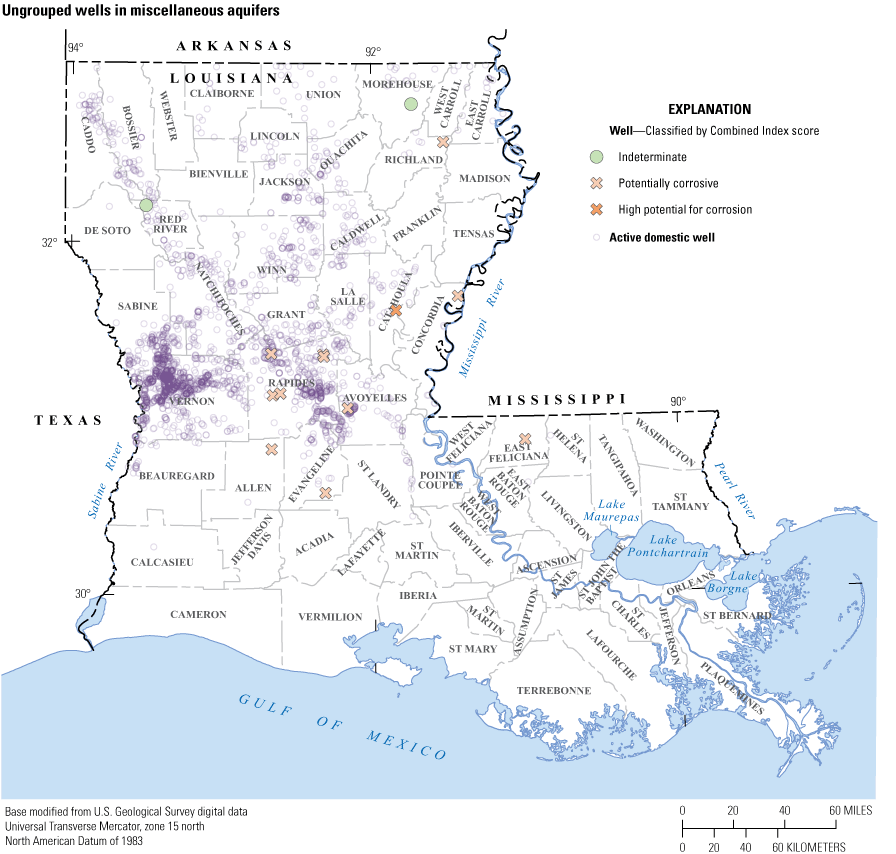 Map shows one well with high potential for corrosion in aquifers with insufficient
                           data for individual classification.