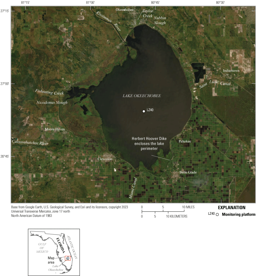 LZ40 is in the center of the lake. Water enters the lake from the north and west,
                     and leaves from the west, east, and south.