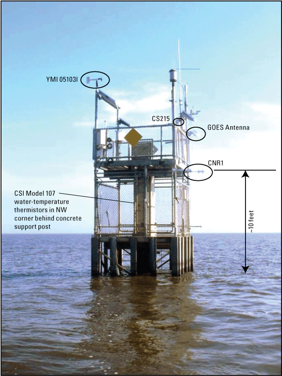 CNR 1 radiometer is installed 10 feet above the water surface and sits above the CSI
                     thermisters and below the remaining equipment.