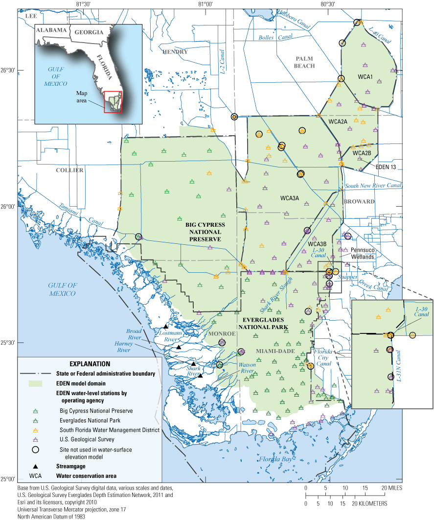 Water-level gages and streamgages are distributed evenly across the entire Everglades
                     Depth Estimation Network area