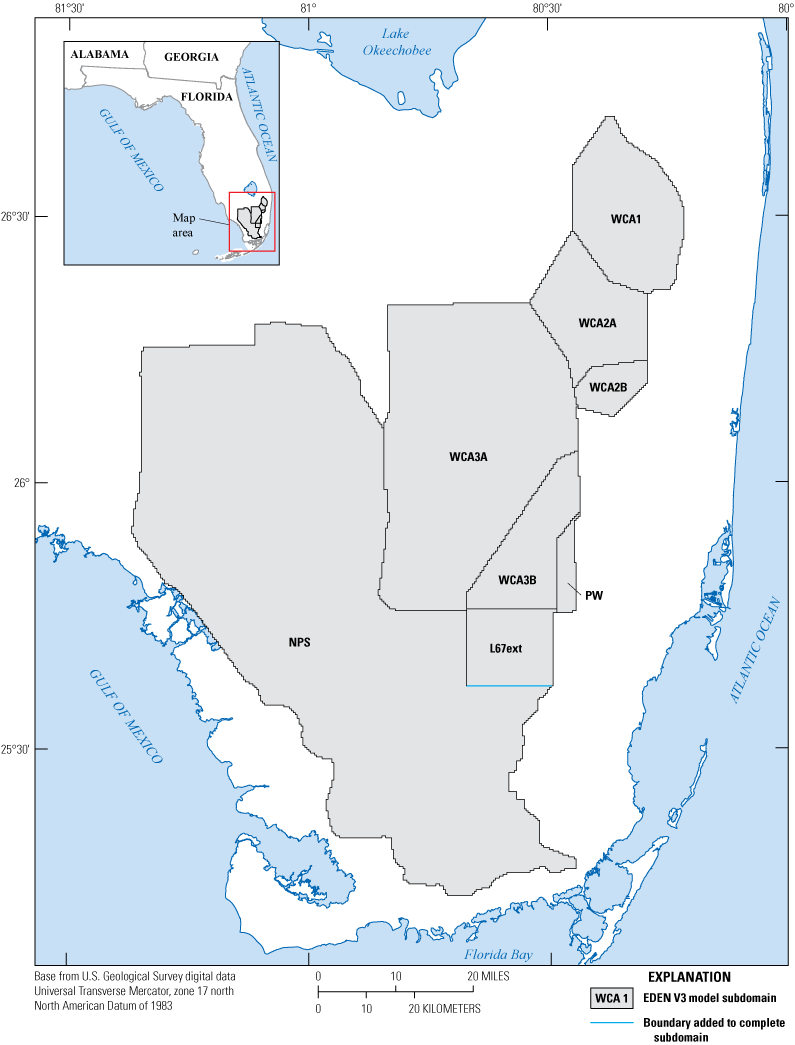 The eight subdomains subdivide and constitute the Everglades Depth Estimation Network
                        area