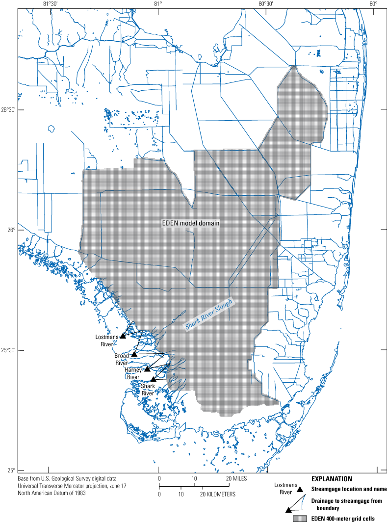 Four coastal river gages are located along the southwestern edge of the EDEN model
                        domain and southwest of Shark River Slough