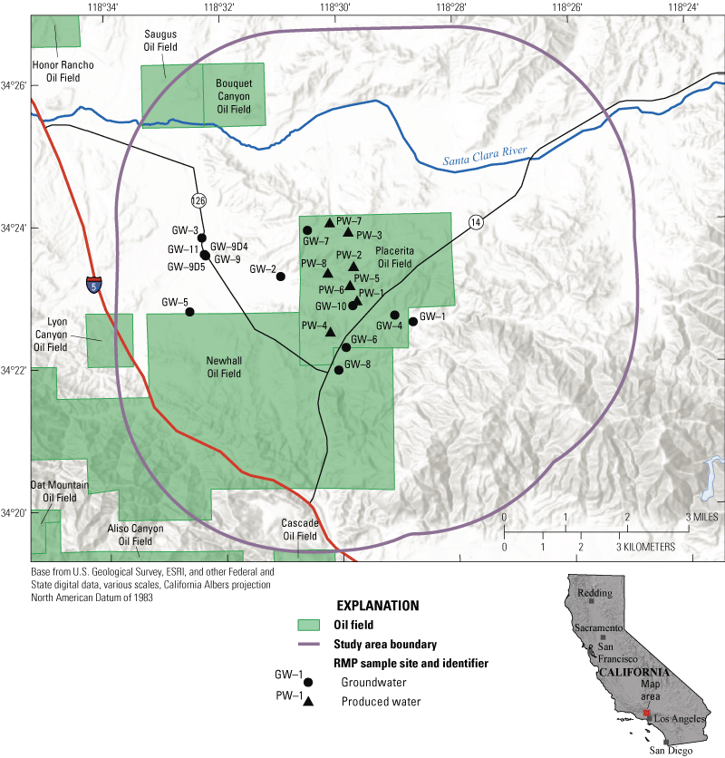 Most of the sample sites are in or just west of the Placerita Oil Field.