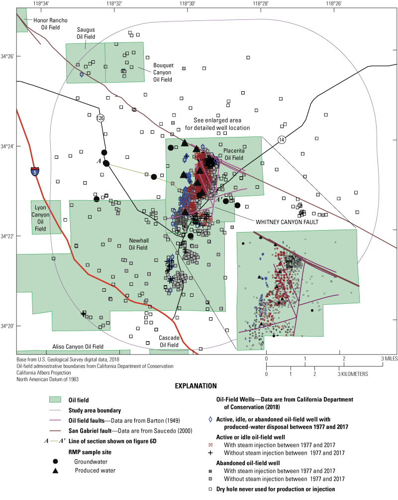 Oil-field wells are primarily south and west of the faults. Produced-water disposal
                           is primarily to the west.