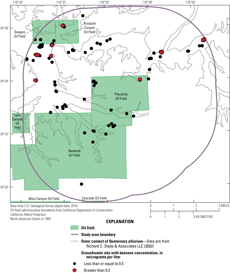 Benzene samples are collected primarily in the alluvium and detected levels were mostly
                        north and west of the Placerita Oil Field.