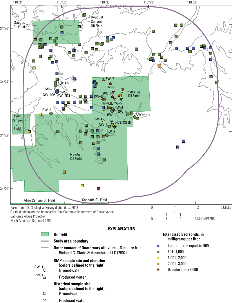 Most groundwater samples have concentrations less than 2,000 milligrams per liter.
                        Produced-water samples have larger concentrations.