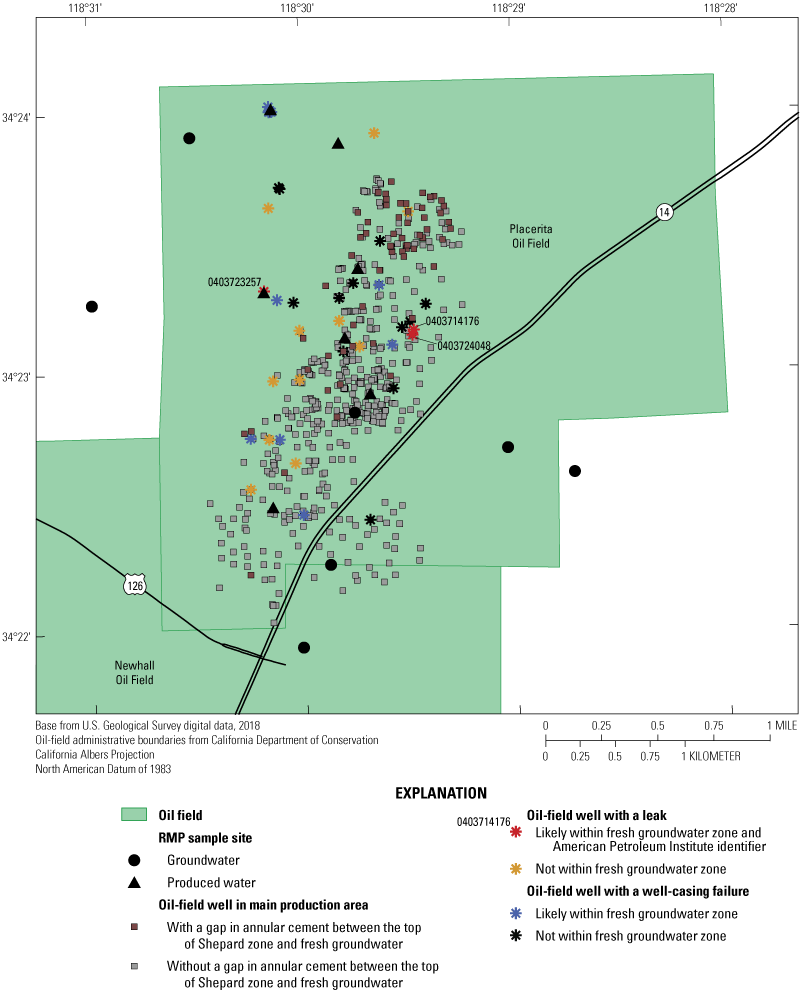 Map showing oil-field well-barrier failures above top perforations in the Placerita
                                 Oil Field, California (California Department of Conservation, 2019b; California Department of Conservation, 2022). RMP indicates California State Water Resources Control Board Oil and Gas Regional
                                 Monitoring Program sample collection sites.