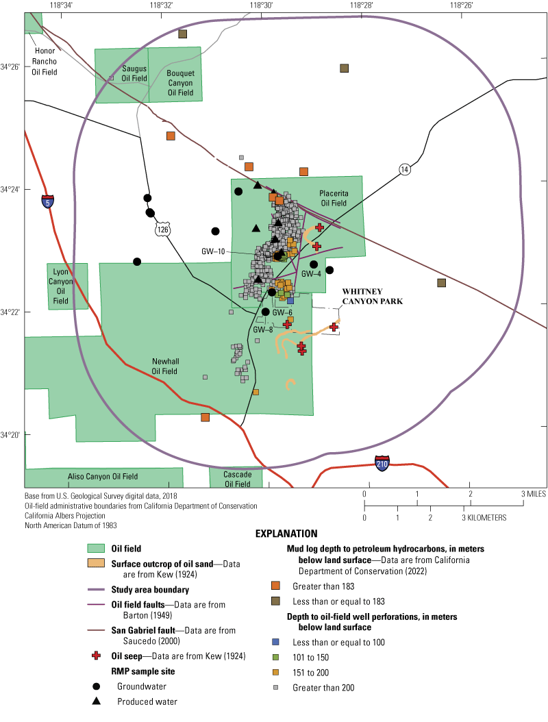 Map showing naturally occurring hydrocarbons at shallow intervals in the Placerita
                           Oil Field study area, California. RMP indicates California State Water Resources Control
                           Board Oil and Gas Regional Monitoring Program sample collection sites.