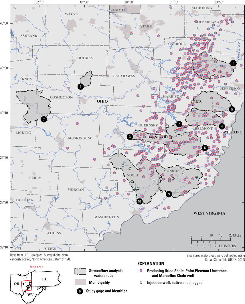 Most wells are in the eastern part of the study area. Wells shown include producing
                     wells in Utica Shale, Point Pleasant Limestone, and Marcellus Shale; and active and
                     plugged injection wells.