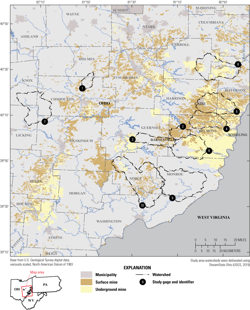 Surface mines and underground mines are shown. Mines are prominent in Belmont, southern
                        Jefferson, and eastern Harrison Counties.