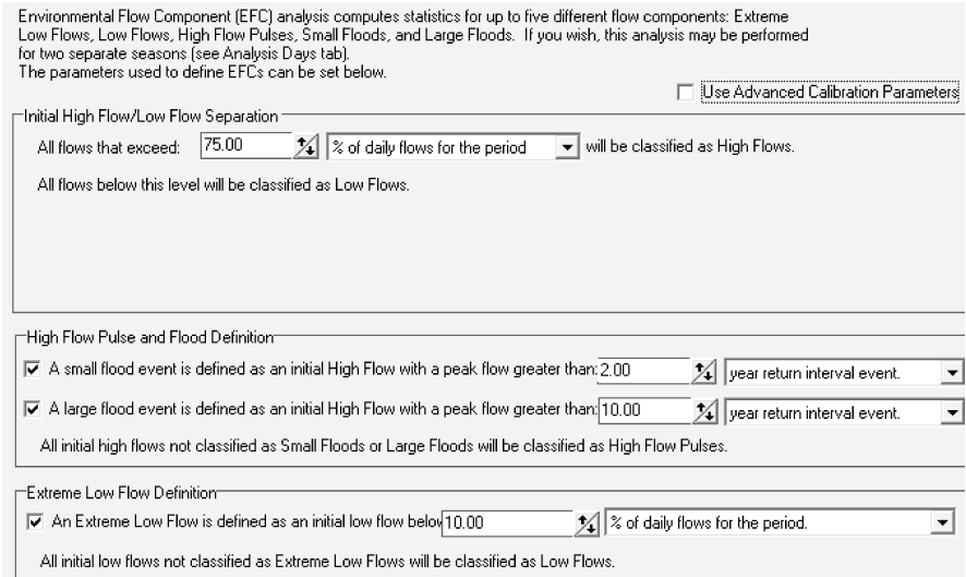 Settings include definitions of high and low flows; small floods, large floods, and
                        high flow pulses;  and extreme low flows.