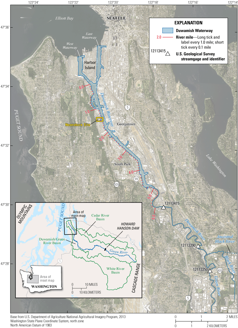 An aerial-imagery map of the study area is shown with an overlay of the Duwamish,
                     Green, and Black Rivers. The river miles, in tenths of a mile from the river mouth,
                     are shown up to 6 miles for the Duwamish River.