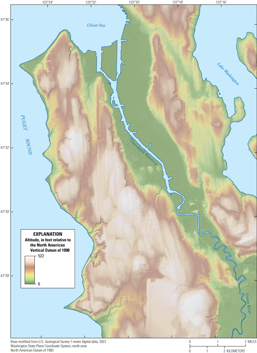 The Duwamish River valley, bordering the Duwamish River, has a very low elevation
                     the uplands on either side of the valley rise to 400 to 500 ft.