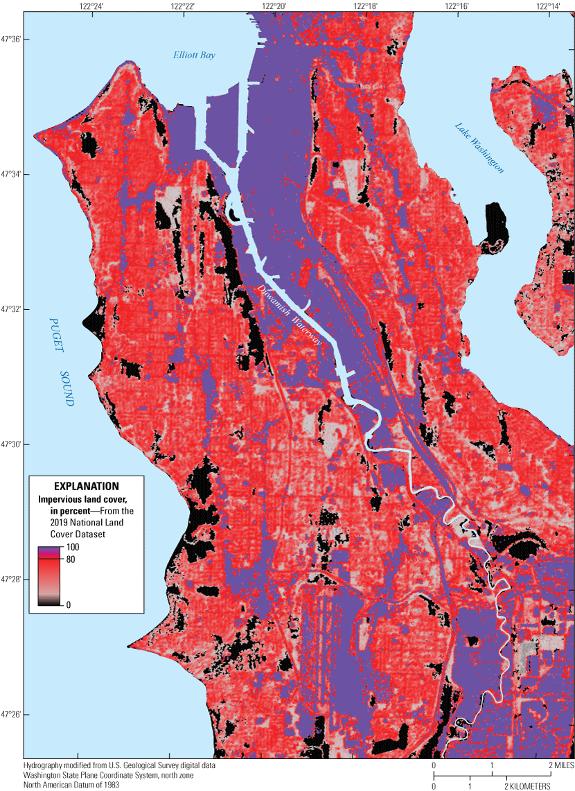 The map reveals that land cover within the study area is very impervious. Most of
                     the valley, particularly for the lowermost 5 river miles, is 80 to 100 percent impervious
                     land cover. Small pockets of low impermeability land cover dot the map, indicative
                     of parks or other natural features.