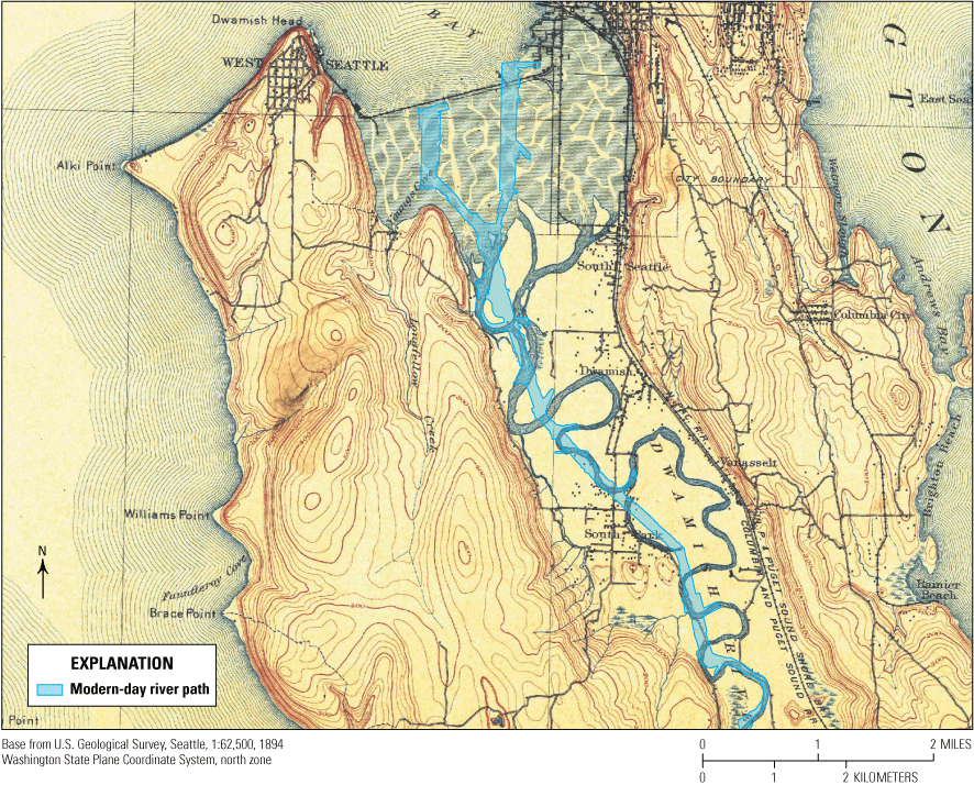 The historical topo map is overlayed by the modern-day river path. The modern-day
                        river path is almost entirely straight and cuts across the original meandering river
                        path. In addition, the mouth of the Duwamish River was extended north into Elliot
                        Bay.