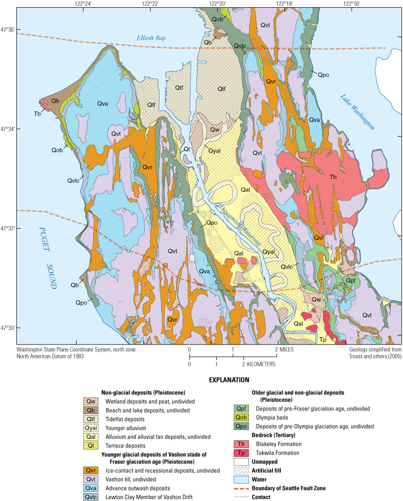 The surficial geology of the study area is complicated. The uplands are covered by
                           younger glacial deposits of the Vashon stade of the Fraser glaciation age and the
                           river valley is predominantly younger, non-glacial deposits of alluvium.