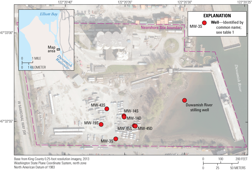 The eight monitoring locations are overlain on an aerial-imagery of the Nearshore
                        Site. There are two well pairs that are co-located and the stilling well is to the
                        northeast of the wells in the embayment.