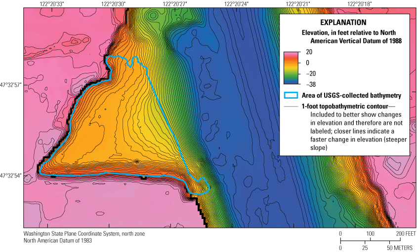 The bathymetry data collected for this study in the embayment at the Nearshore Site
                        are merged with the terrestrial LiDAR data and bathymetric data for the main channel
                        of the Lower Duwamish Waterway. The elevation in the main channel is about 30 to 38
                        ft NAVD88; the elevation in the embayment is about 0 to -10 ft NAVD88; and the elevation
                        at the adjacent shoreline is about 10–20 ft NAVD 88.