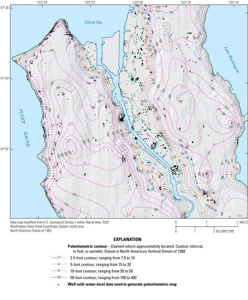 The potentiometric-surface map for the study area has peaks in the uplands and troughs
                        in the valley and coast. Dots on the map indicate the presence of water-level data
                        that were used to generate the map.