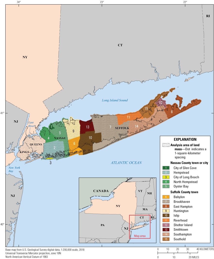 Counties from west to east: Kings (closest to mainland New York State), Queens, Nassau
                        (5 city/towns), and Suffolk (10 towns)