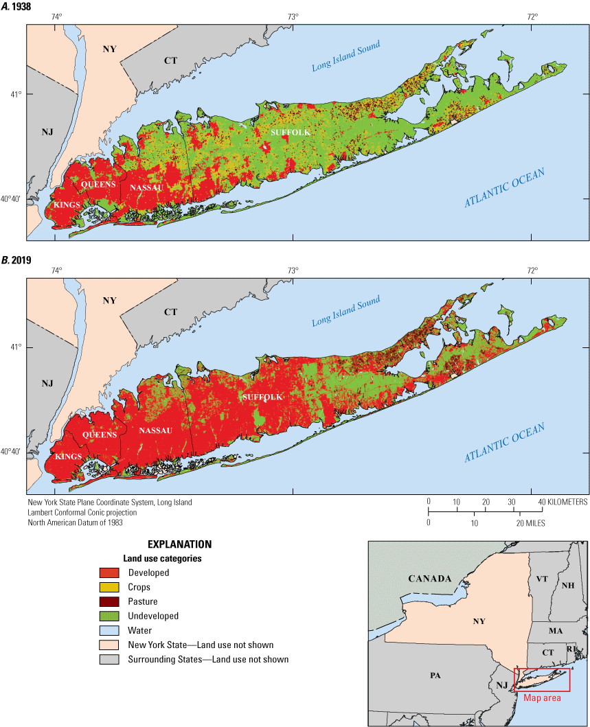 Land use change from west to east where crops, pastures and undeveloped areas in A
                        became developed areas in B