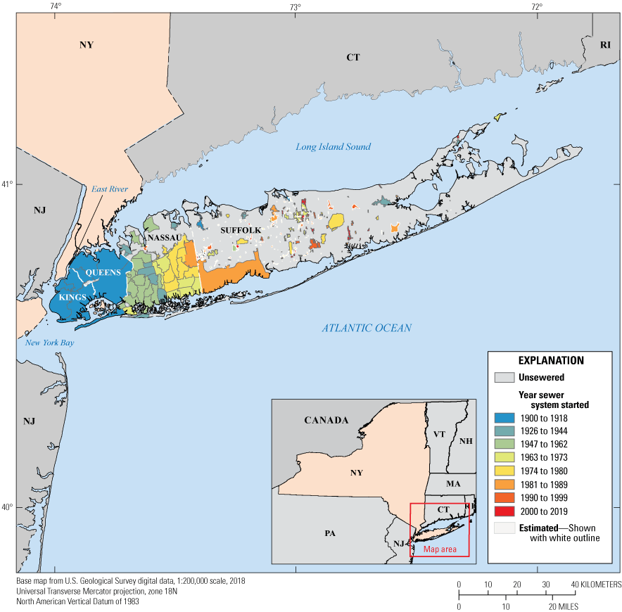 Sewer systems expand eastward over time with some sections of Suffolk County getting
                        sewers in the 1980s and 90s.